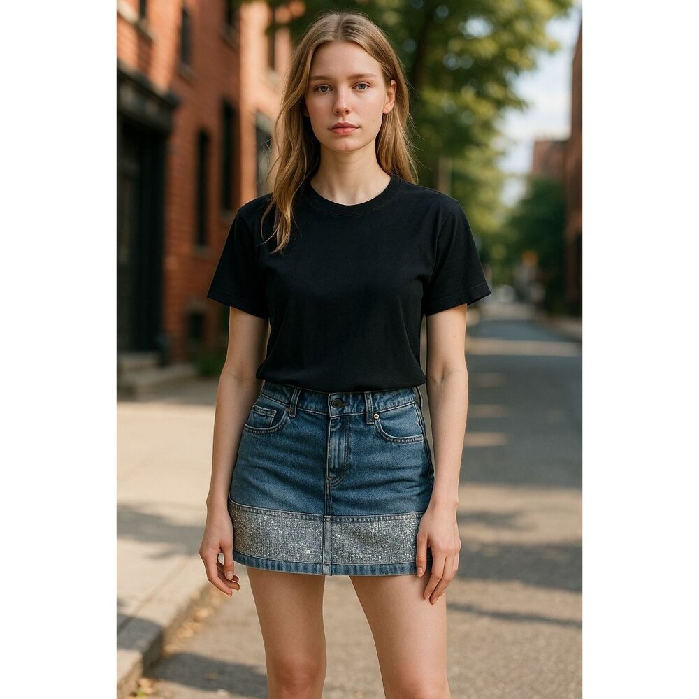 NEW Y2k Edge Womens M Denim Mini Skirt Rhinestone Trim Sparkle Bling Club party